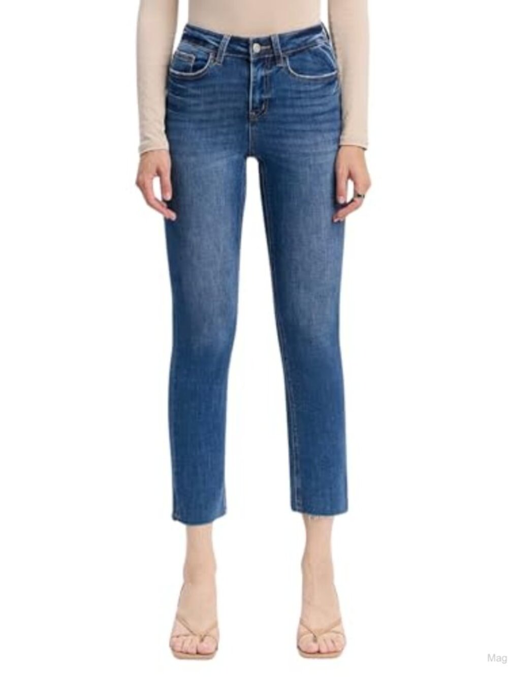 High Rise Raw Hem Slim Straight Jeans Medium Stretch Cotton Blend